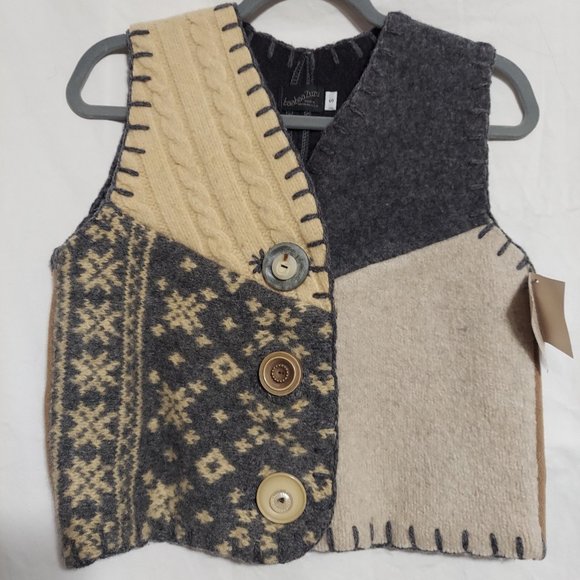 NWT BaaBaaZuZu vintage 100% wool vest hand made in USA patchwork neutrals small